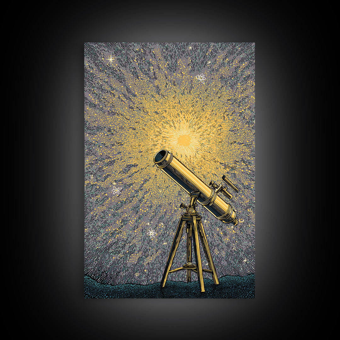 Golden Starburst Telescope Canvas Print, Mid Century Modern Astronomy Poster, Retro Space Wall Decor, Statement Office Art