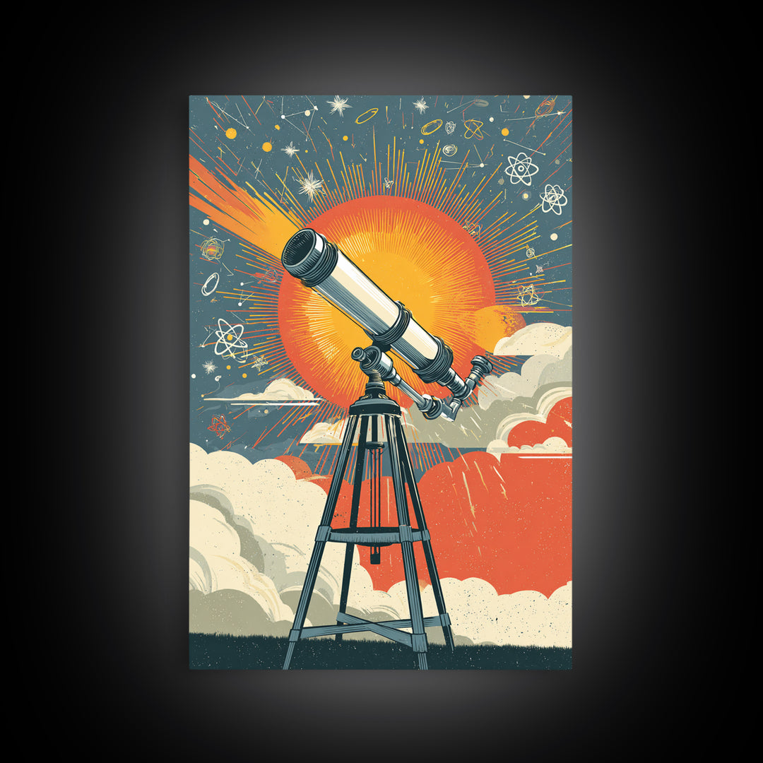Giant Sun Telescope Wall Art, Mid Century Modern Space Poster, Colorful Atomic Astronomy Print, Retro Office Decor Gift Idea