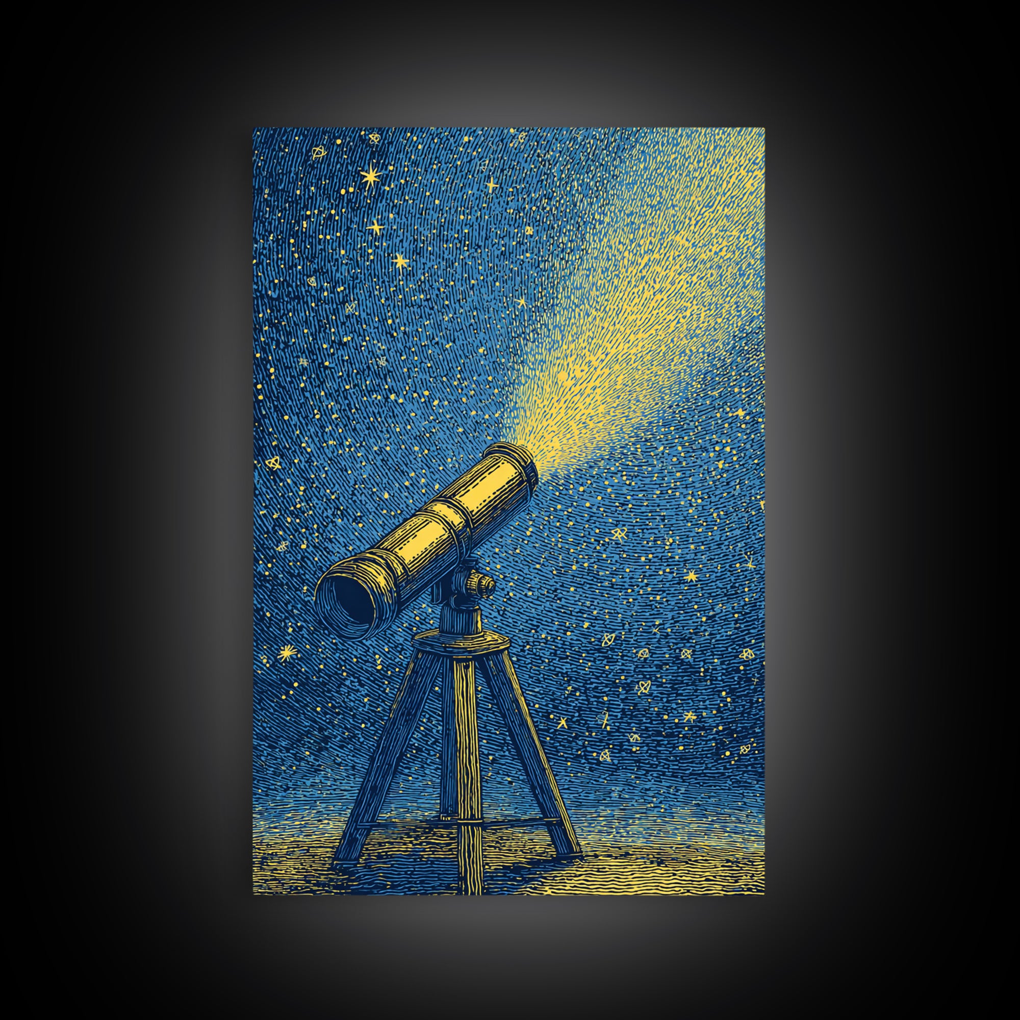 Blue Night Telescope Canvas Print, Mid Century Modern Astronomy Poster, Starry Space Wall Decor, Retro Science Gift For Him