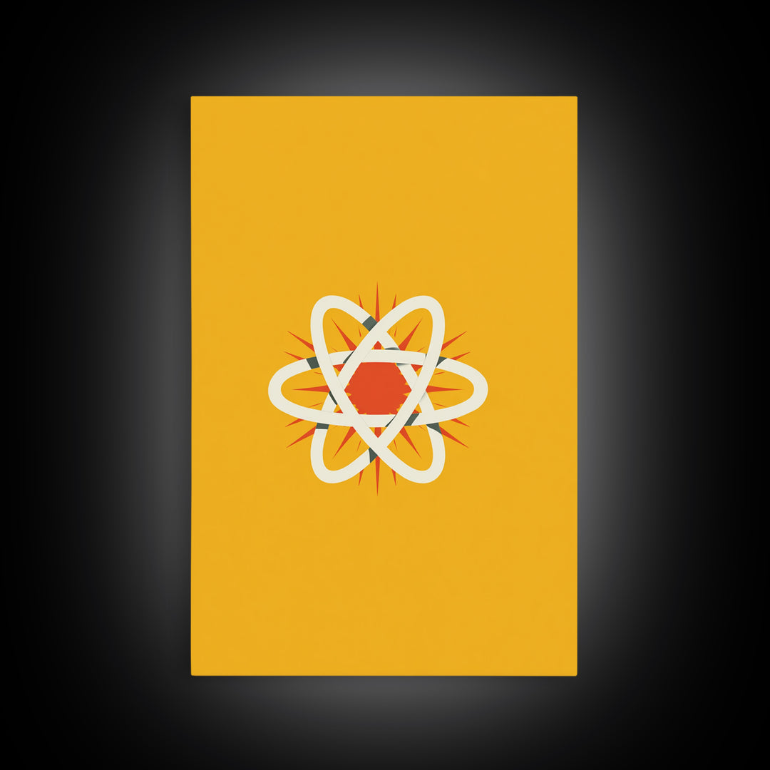 Minimal Atomic Symbol Canvas Print, Mid Century Modern Science Poster, Yellow Orange Geometric Wall Decor, Retro Lab Art