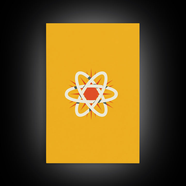 Minimal Atomic Symbol Canvas Print, Mid Century Modern Science Poster, Yellow Orange Geometric Wall Decor, Retro Lab Art