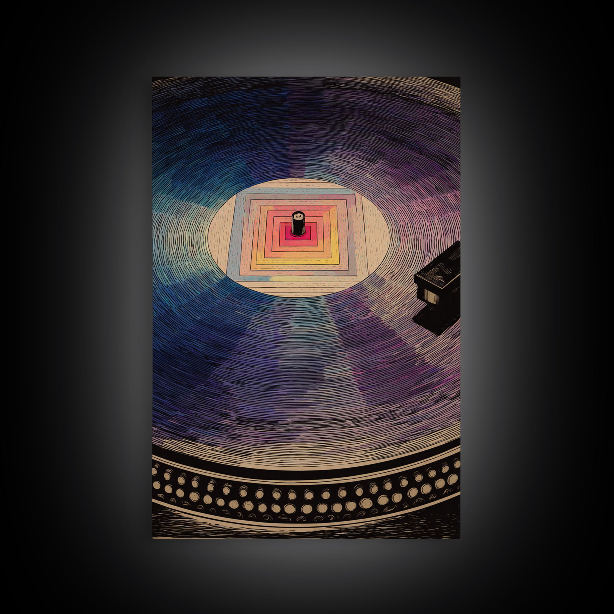 Square Label Vinyl Record Framed Canvas Print, Modern Abstract Wall Art, Retro Turntable Poster, Blue Purple Music Decor