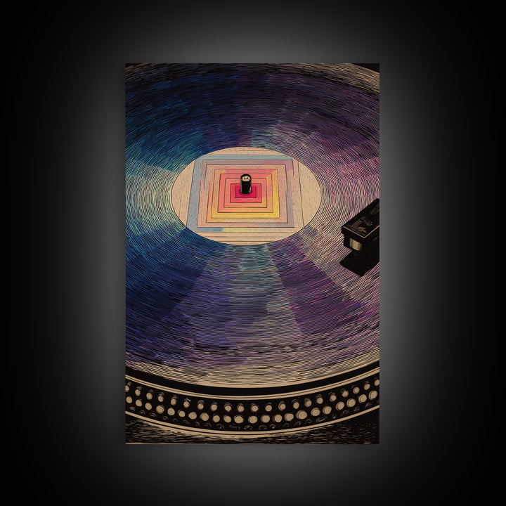 Square Label Vinyl Record Framed Canvas Print, Modern Abstract Wall Art, Retro Turntable Poster, Blue Purple Music Decor