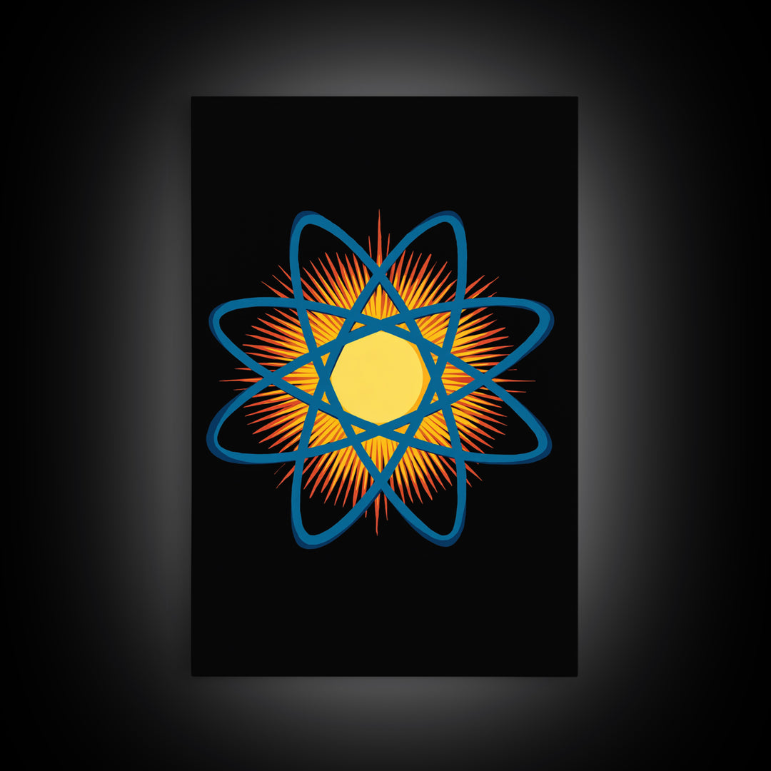 Blue Atomic Orbit Sunburst Wall Art, Midcentury Modern Science Poster, Retro Space Decor, Geometric MCM Art Print For Office