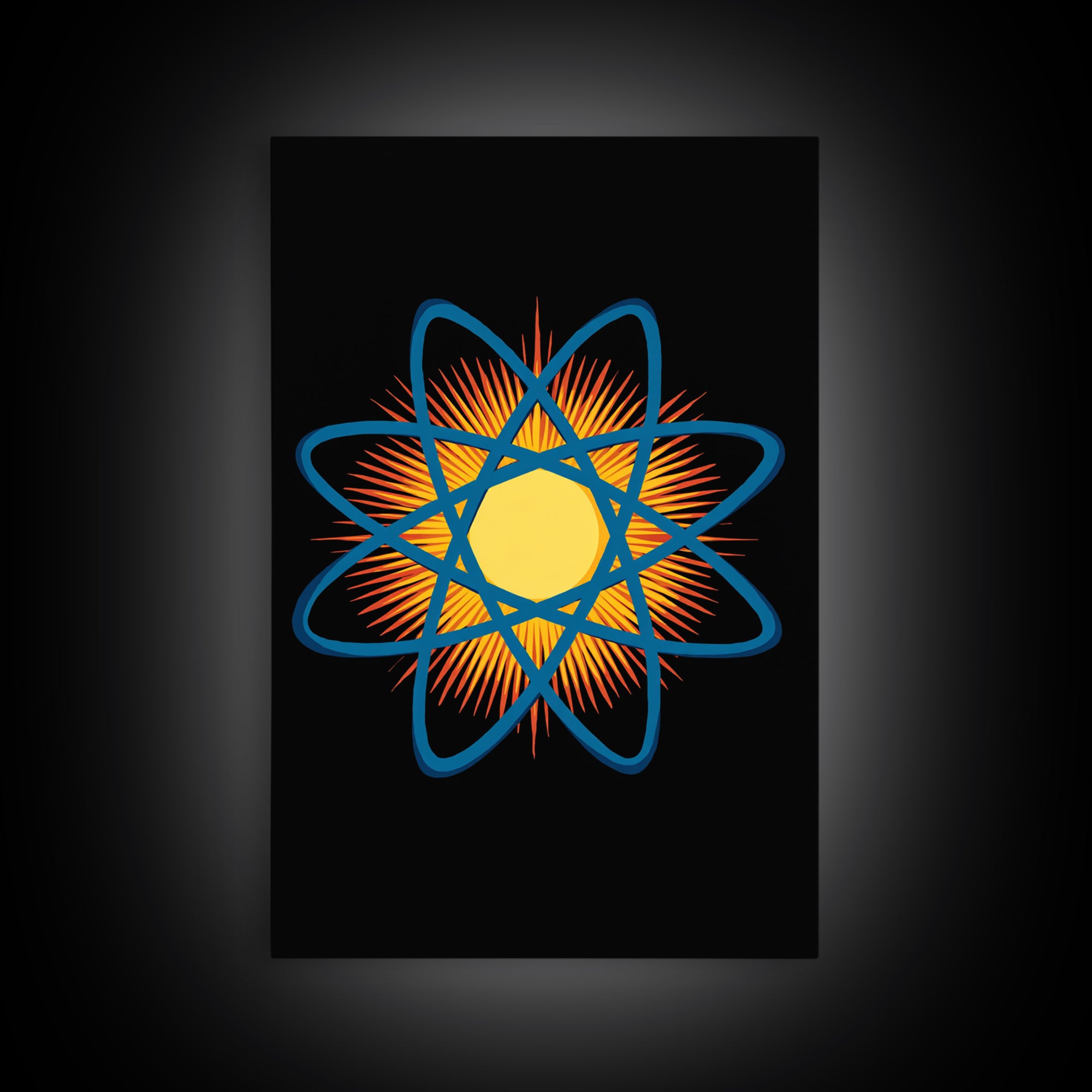Blue Atomic Orbit Sunburst Wall Art, Midcentury Modern Science Poster, Retro Space Decor, Geometric MCM Art Print For Office