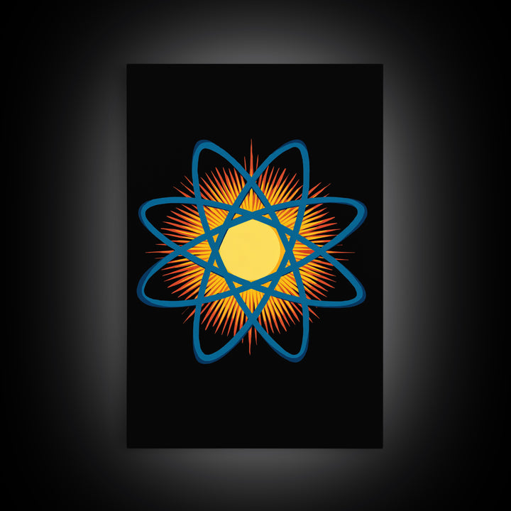 Blue Atomic Orbit Sunburst Wall Art, Midcentury Modern Science Poster, Retro Space Decor, Geometric MCM Art Print For Office