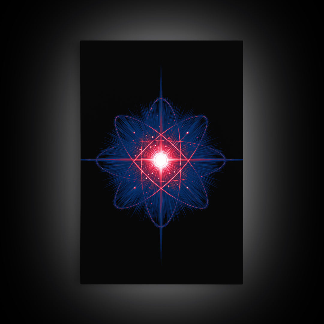 Neon Red Blue Atomic Starburst Canvas Print, Futuristic Space Abstract, Midcentury Modern Wall Decor, Sci Fi Home Office Art