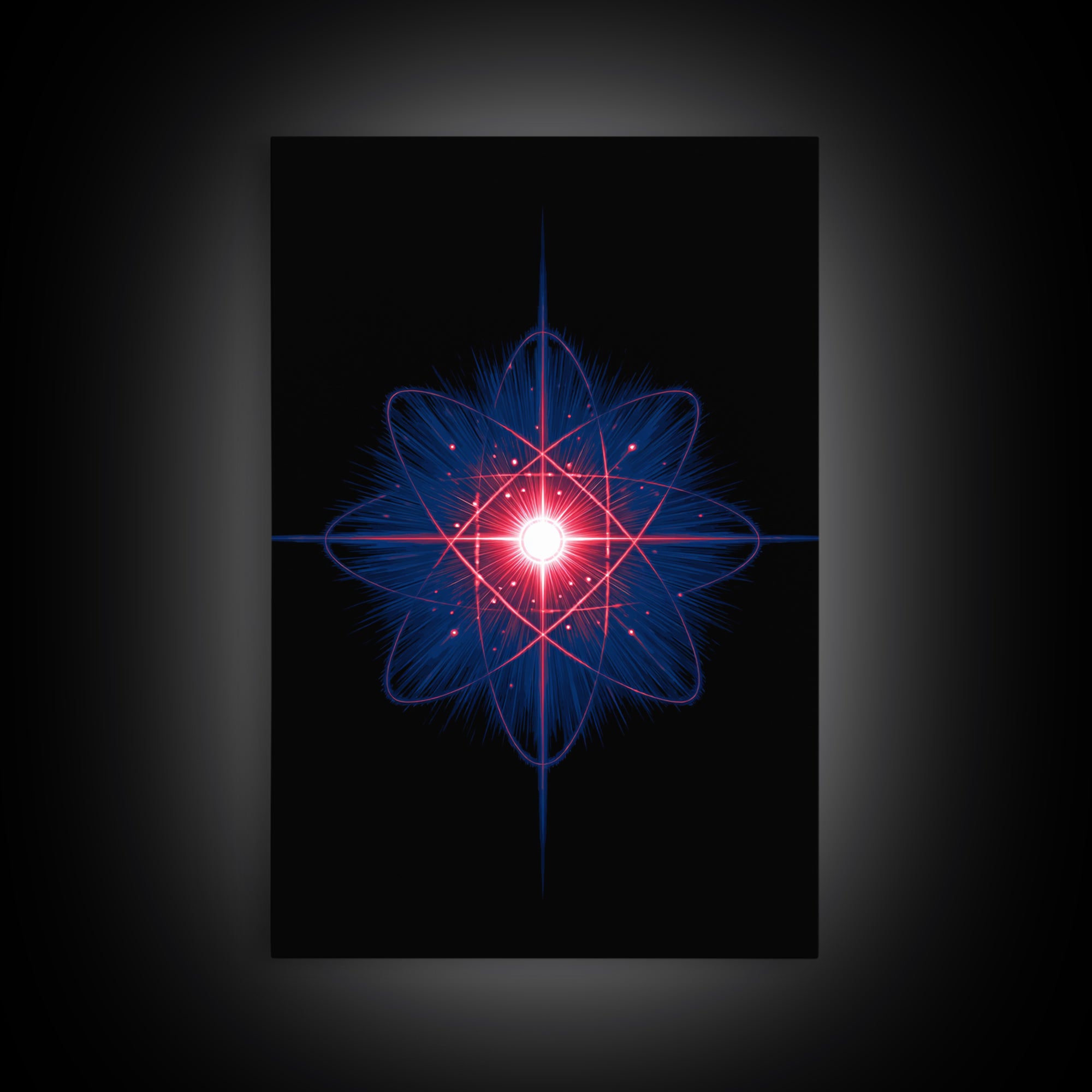 Neon Red Blue Atomic Starburst Canvas Print, Futuristic Space Abstract, Midcentury Modern Wall Decor, Sci Fi Home Office Art