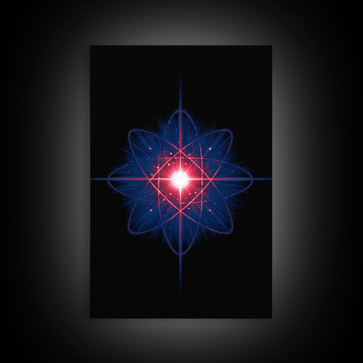 Neon Red Blue Atomic Starburst Canvas Print, Futuristic Space Abstract, Midcentury Modern Wall Decor, Sci Fi Home Office Art