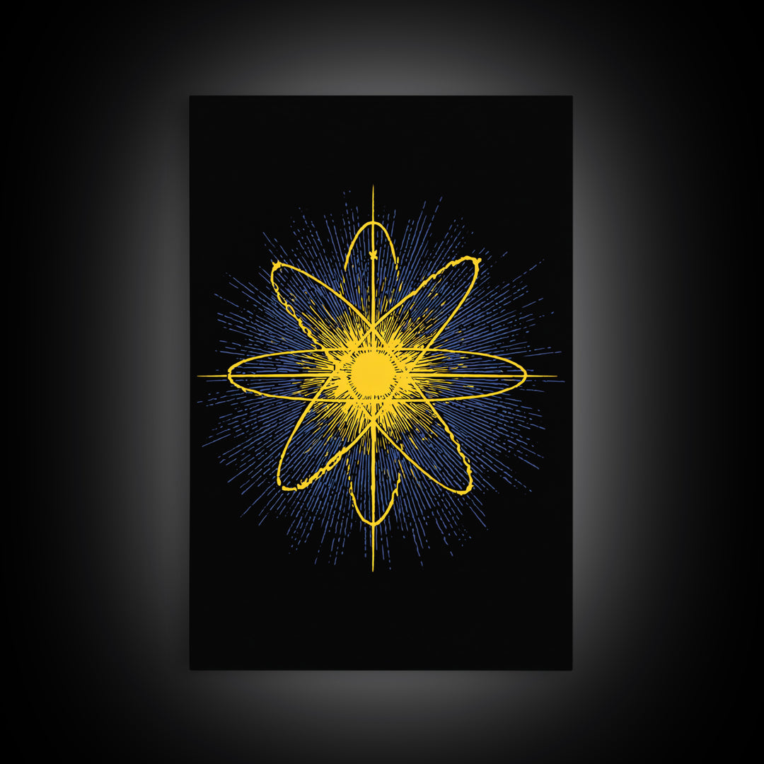 Yellow Atomic Burst Wall Art, Bright Modern Abstract Science Poster, Midcentury Space Decor, Geometric Art Print For Home Office