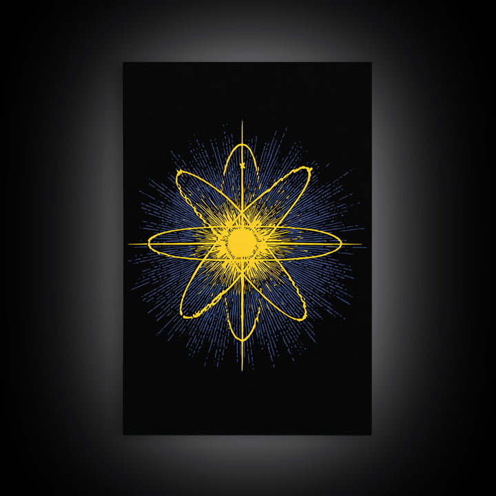 Yellow Atomic Burst Wall Art, Bright Modern Abstract Science Poster, Midcentury Space Decor, Geometric Art Print For Home Office