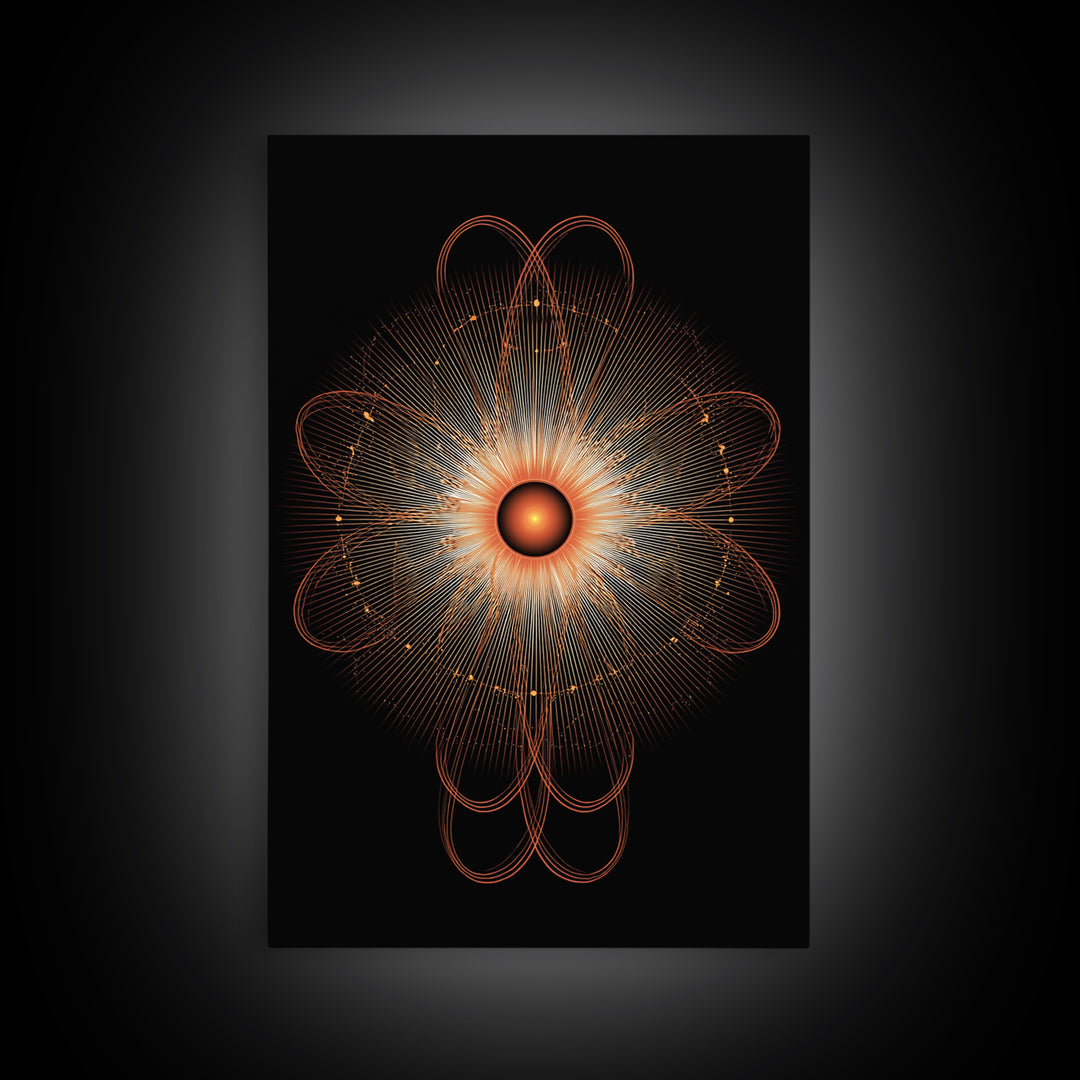 Orange Radiant Atomic Flower Framed Canvas Print, Midcentury Modern Abstract, Retro Geometric Wall Decor, MCM Office Art