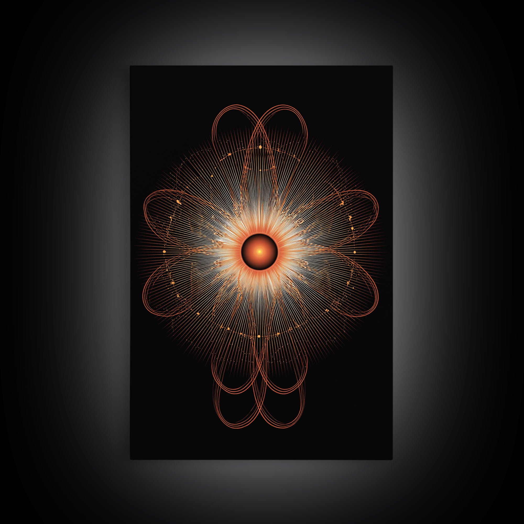 Orange Radiant Atomic Flower Framed Canvas Print, Midcentury Modern Abstract, Retro Geometric Wall Decor, MCM Office Art