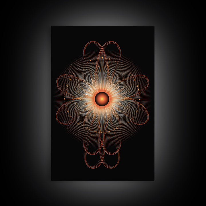 Orange Radiant Atomic Flower Framed Canvas Print, Midcentury Modern Abstract, Retro Geometric Wall Decor, MCM Office Art