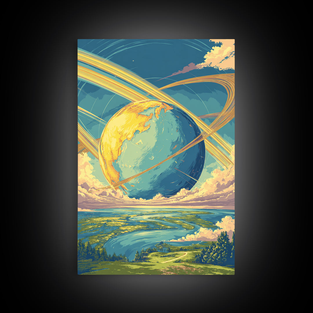 Dreamy Ringed Earth Landscape Wall Art, Retro Futuristic Travel Poster, Colorful Modern Space Decor, Scenic Canvas Print