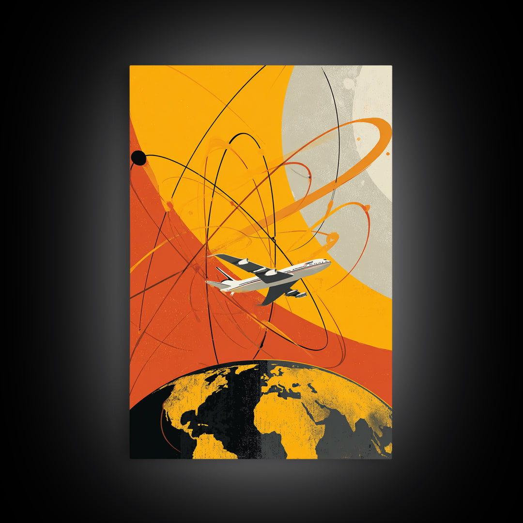 Orange Jet Airplane Orbit Wall Art, Retro Space Age Travel Poster, Midcentury Modern Aviation Decor, Bold Canvas Print For Office