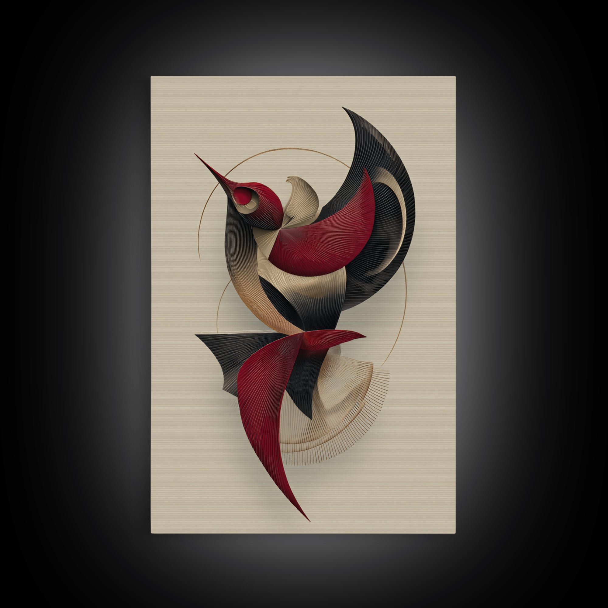Red Black Beige Kinetic Abstract Bird Framed Canvas Print, Midcentury Modern Wall Art, Sculptural MCM Home Decor, Statement Piece