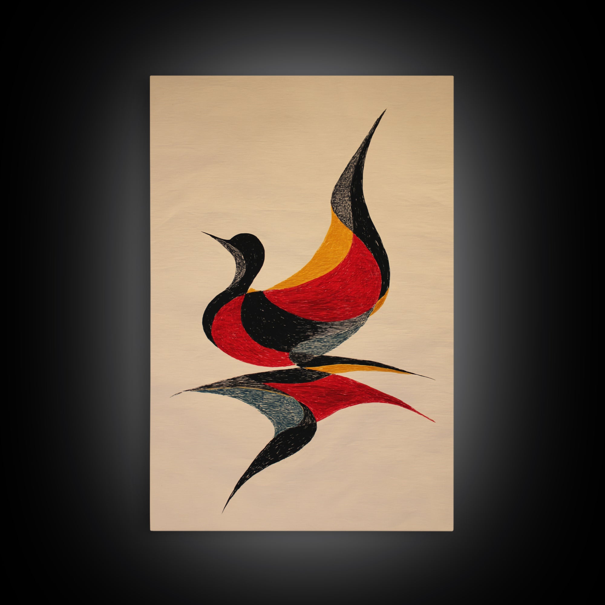 Red Black Abstract Bird Canvas Print, Midcentury Modern Wall Art, Retro Geometric Art, Warm Beige Living Room Decor, Gift