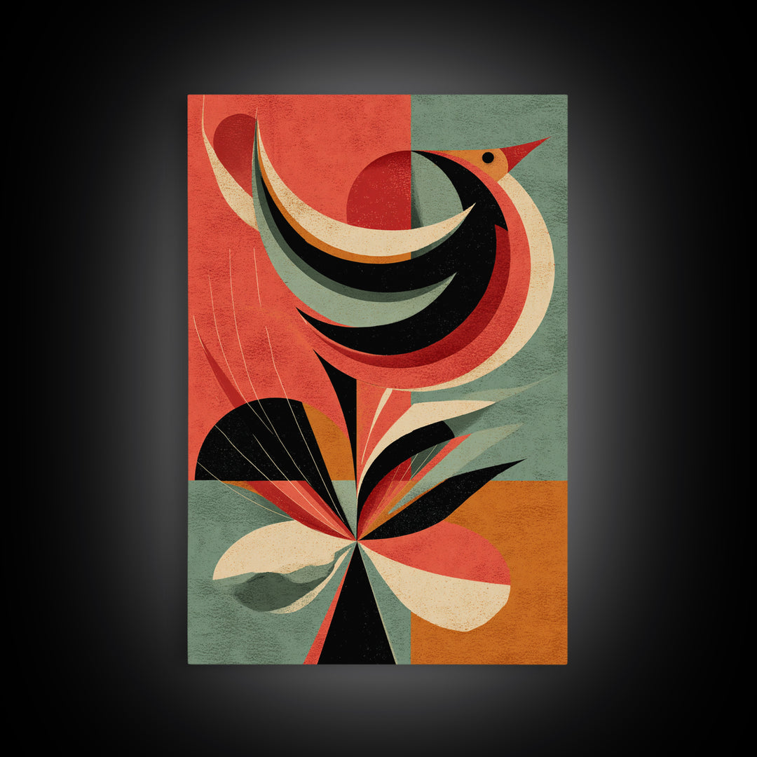 Retro Bird And Flower Wall Art, Midcentury Modern Canvas Print, Colorful Geometric Poster, MCM Botanical Home Decor, Gift