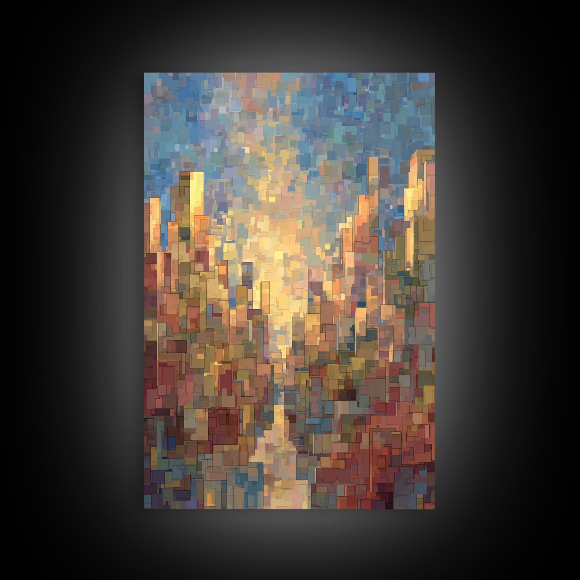 Pixelated Sunset Cityscape Wall Art, Modern Abstract Art Print, Urban Skyline Poster, Colorful Living Room Office Decor, Gift