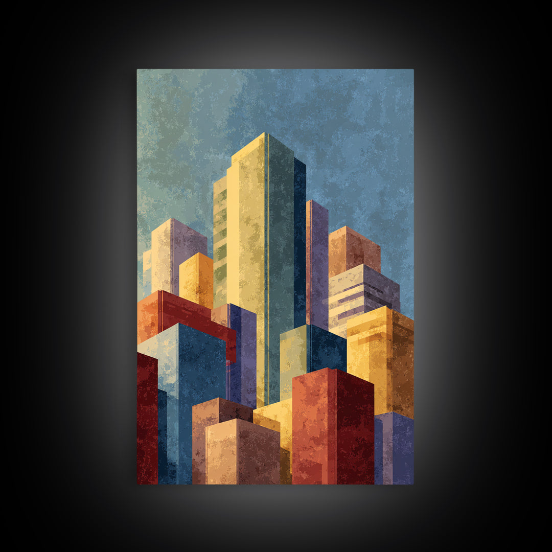 Golden Abstract City Skyline Wall Art, Mid Century Modern Print, Urban Architecture Decor, Colorful Office Living Room Poster