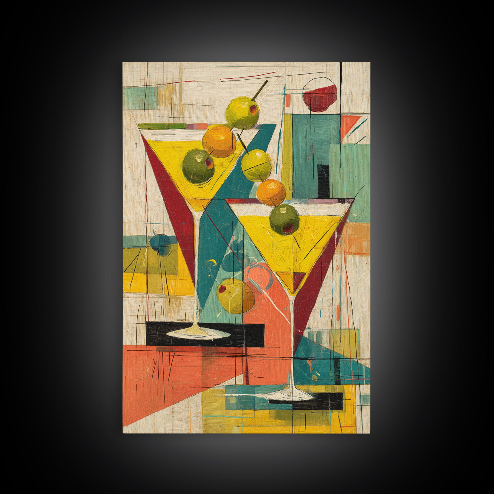 Retro Martini Glasses With Olives Wall Art, Mid Century Modern Bar Cart Decor, Cocktail Poster, Colorful Kitchen Art Print
