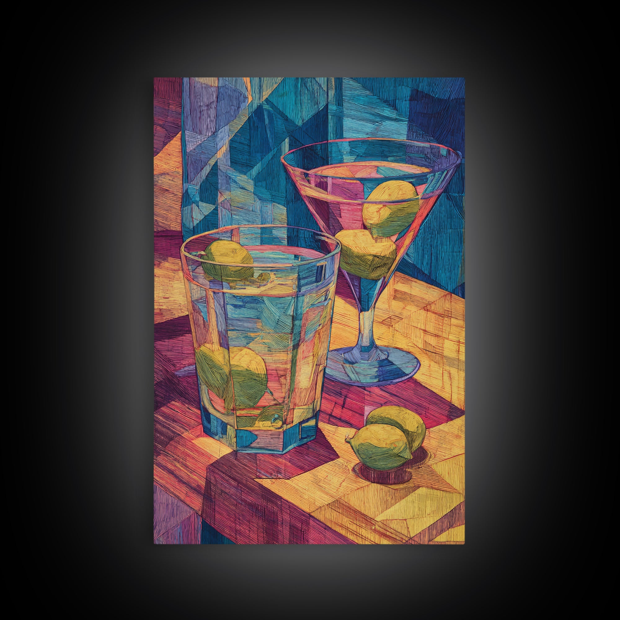 Cubist Cocktail Glasses With Limes Framed Canvas Print, Colorful Retro Wall Decor, Bar Cart Poster, Modern Kitchen Art Print