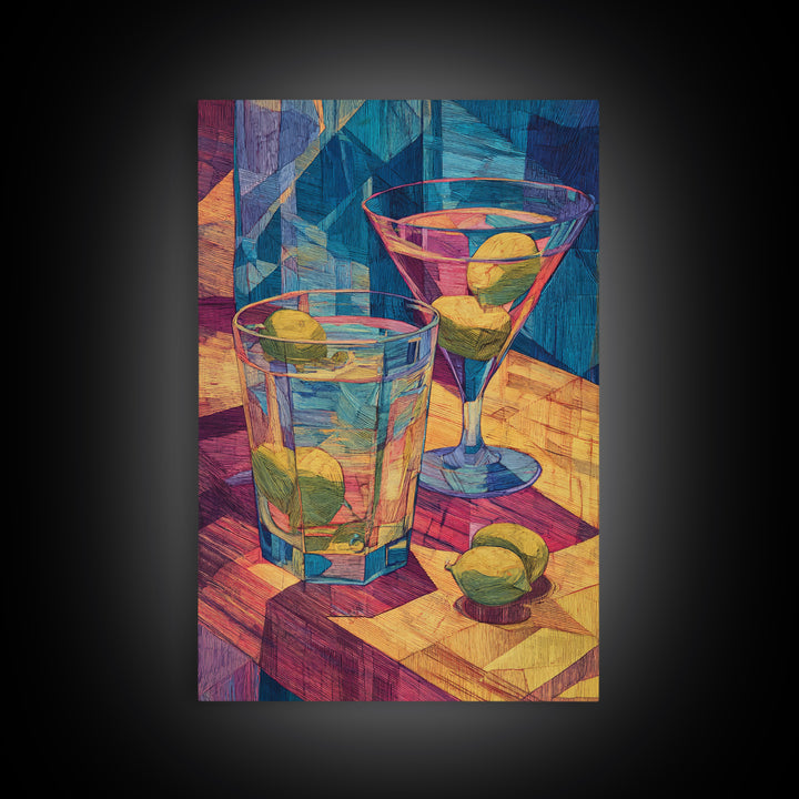 Cubist Cocktail Glasses With Limes Framed Canvas Print, Colorful Retro Wall Decor, Bar Cart Poster, Modern Kitchen Art Print