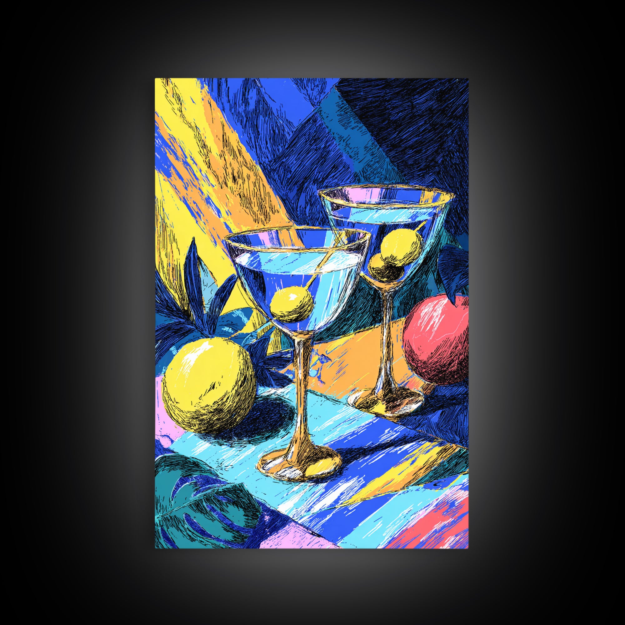 Bold Blue Martini Glasses With Lemons Canvas Print, Colorful Pop Art Bar Decor, Retro Cocktail Poster, Funky Kitchen Art