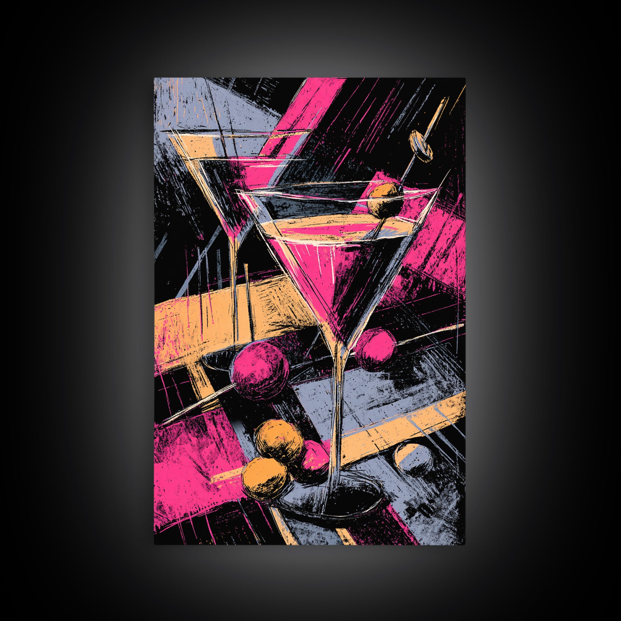 Neon Pink Martini Cocktail Wall Art, Retro Pop Art Bar Cart Decor, Maximalist Kitchen Poster, Bold Modern Canvas Print Gift
