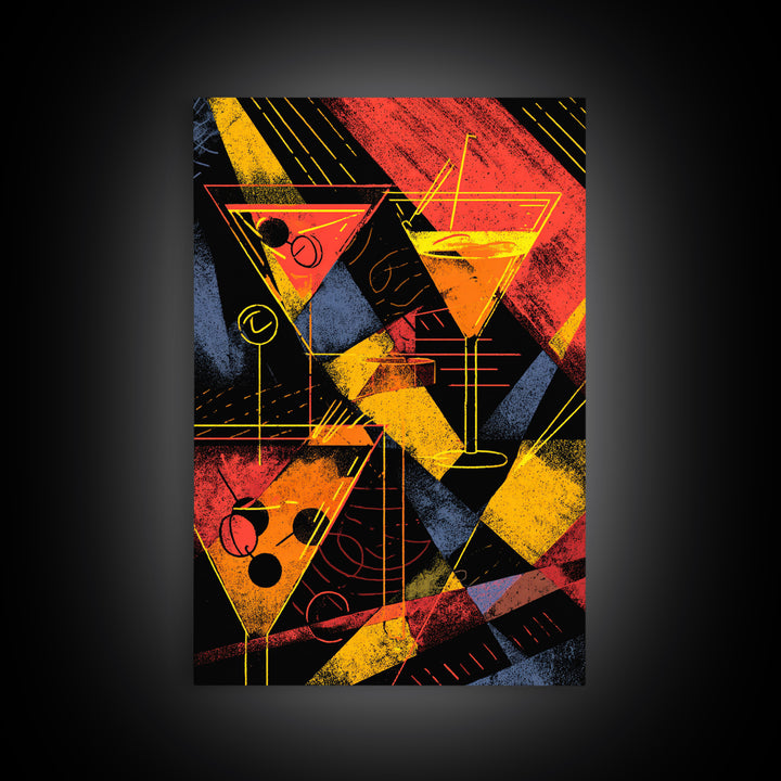 Graphic Martini Trio Canvas Print, Retro Cocktail Wall Decor, Bold Red Yellow Bar Cart Poster, Atomic Modern Kitchen Art