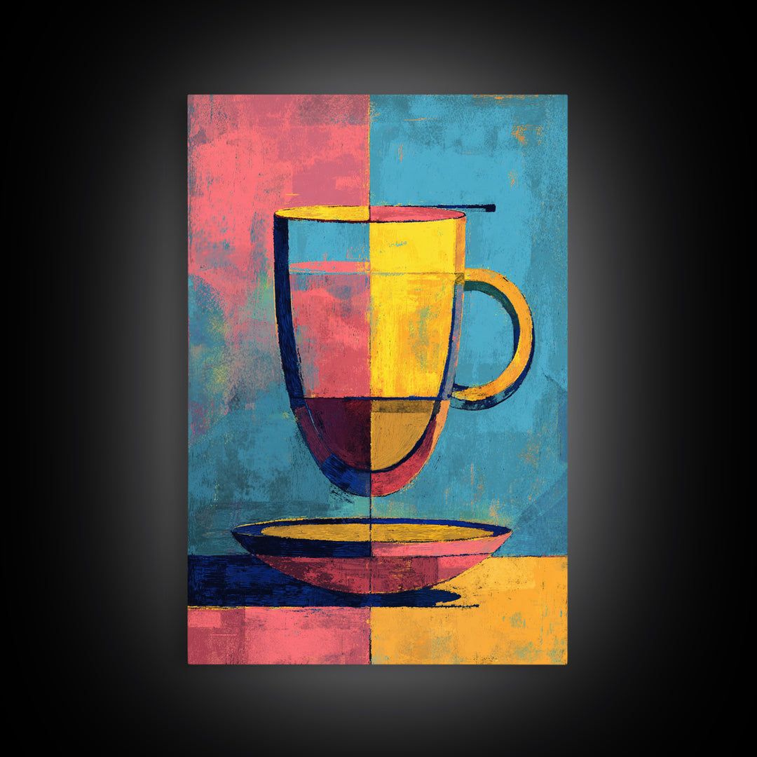 Colorful Modern Mug On Saucer Canvas Print, Mid Century Coffee Wall Decor, Abstract Kitchen Poster, Bold Cafe Art Print Gift