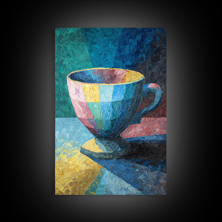 Colorful Teacup Oil Painting Canvas Print, Modern Kitchen Wall Art, Coffee Lover Gift, Vibrant Cafe Decor, Fine Art Print