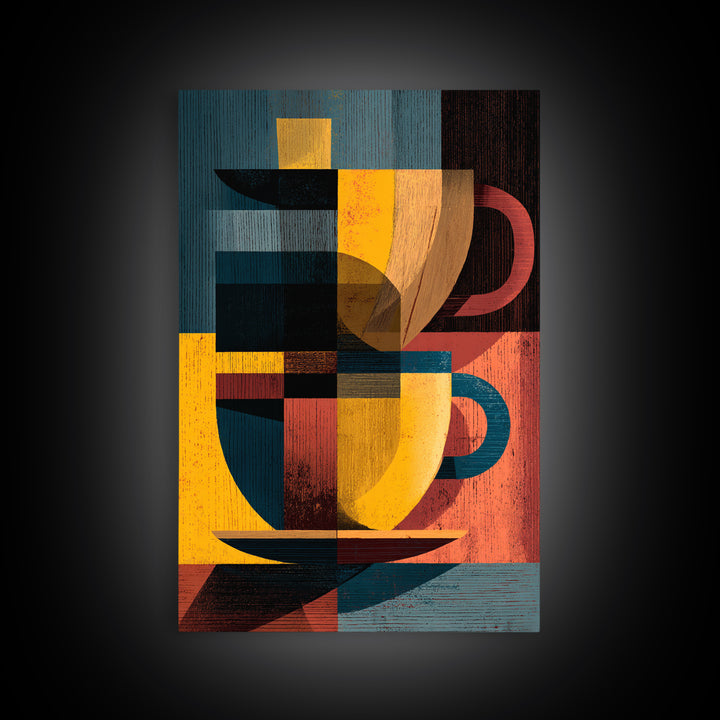 Geometric Cubist Coffee Cups Framed Canvas Print, Midcentury Modern Wall Art, Retro Kitchen Decor, Bold MCM Art Print, Home Decor