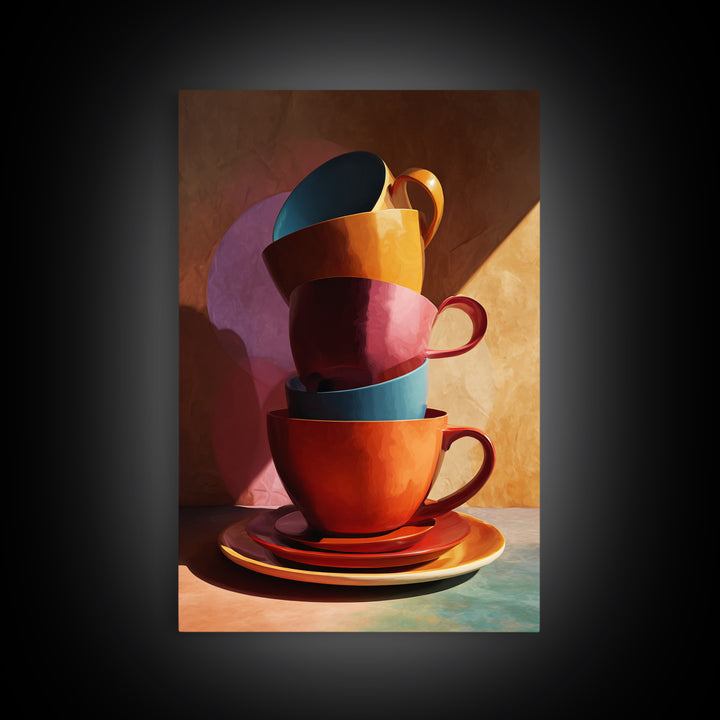 Stacked Colorful Coffee Cups Canvas Print, Modern Kitchen Wall Art, Retro Cafe Poster, Bright Home Decor, Coffee Lover Gift