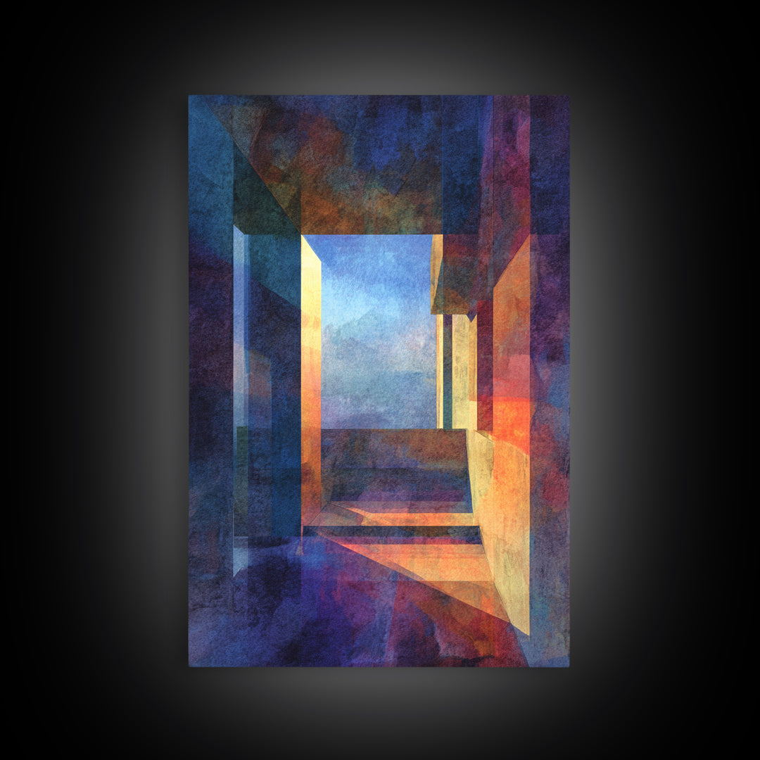 Abstract Architectural Hallway Canvas Print, Modern Wall Art, Geometric Perspective Art, Moody Blue Orange Home Office Decor