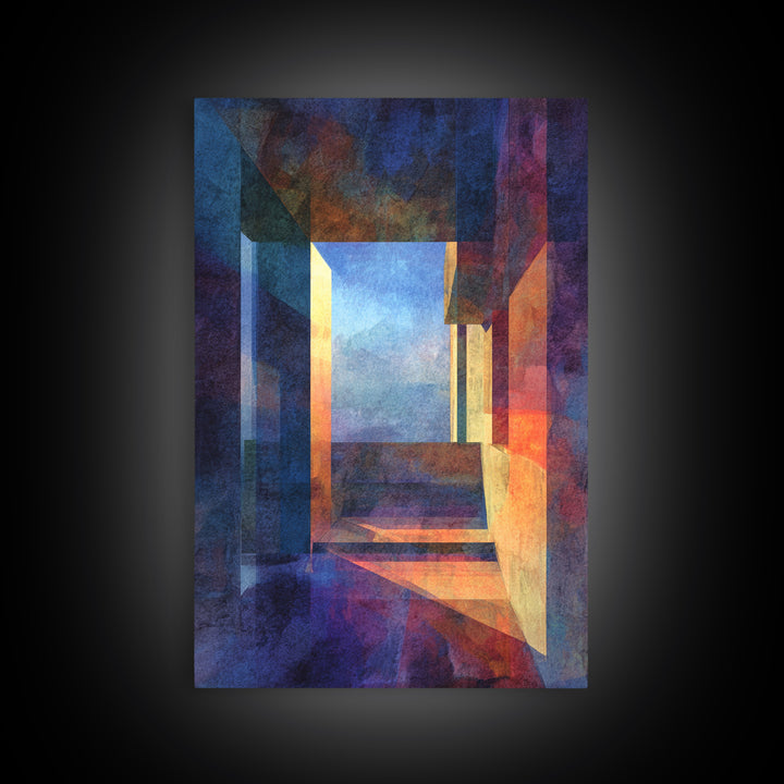 Abstract Architectural Hallway Canvas Print, Modern Wall Art, Geometric Perspective Art, Moody Blue Orange Home Office Decor