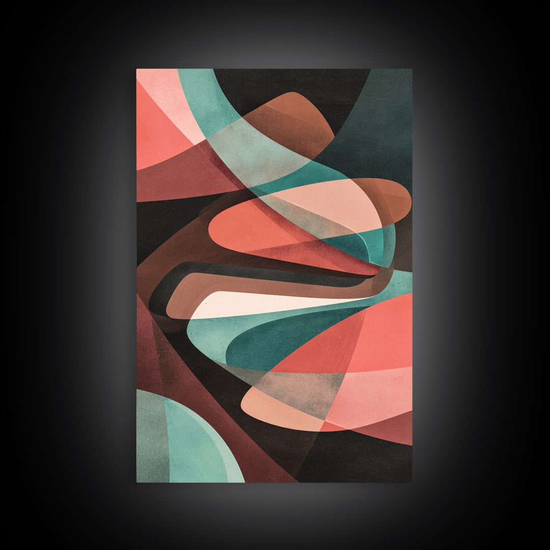 Coral Teal Dark Abstract Canvas Print, Modern Wall Art, Retro Geometric Decor, Moody Midcentury Living Room Poster, Home Office Art