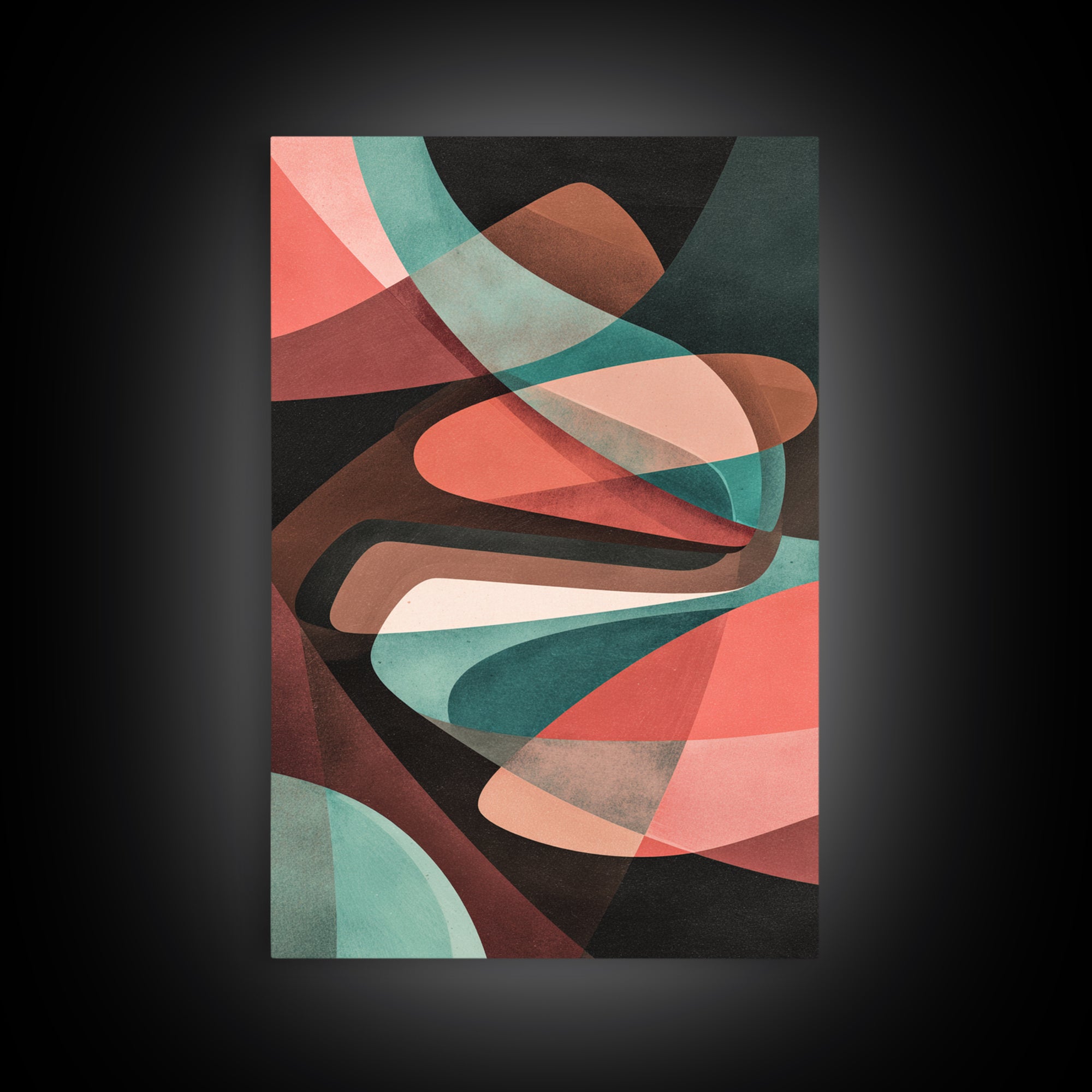 Coral Teal Dark Abstract Canvas Print, Modern Wall Art, Retro Geometric Decor, Moody Midcentury Living Room Poster, Home Office Art