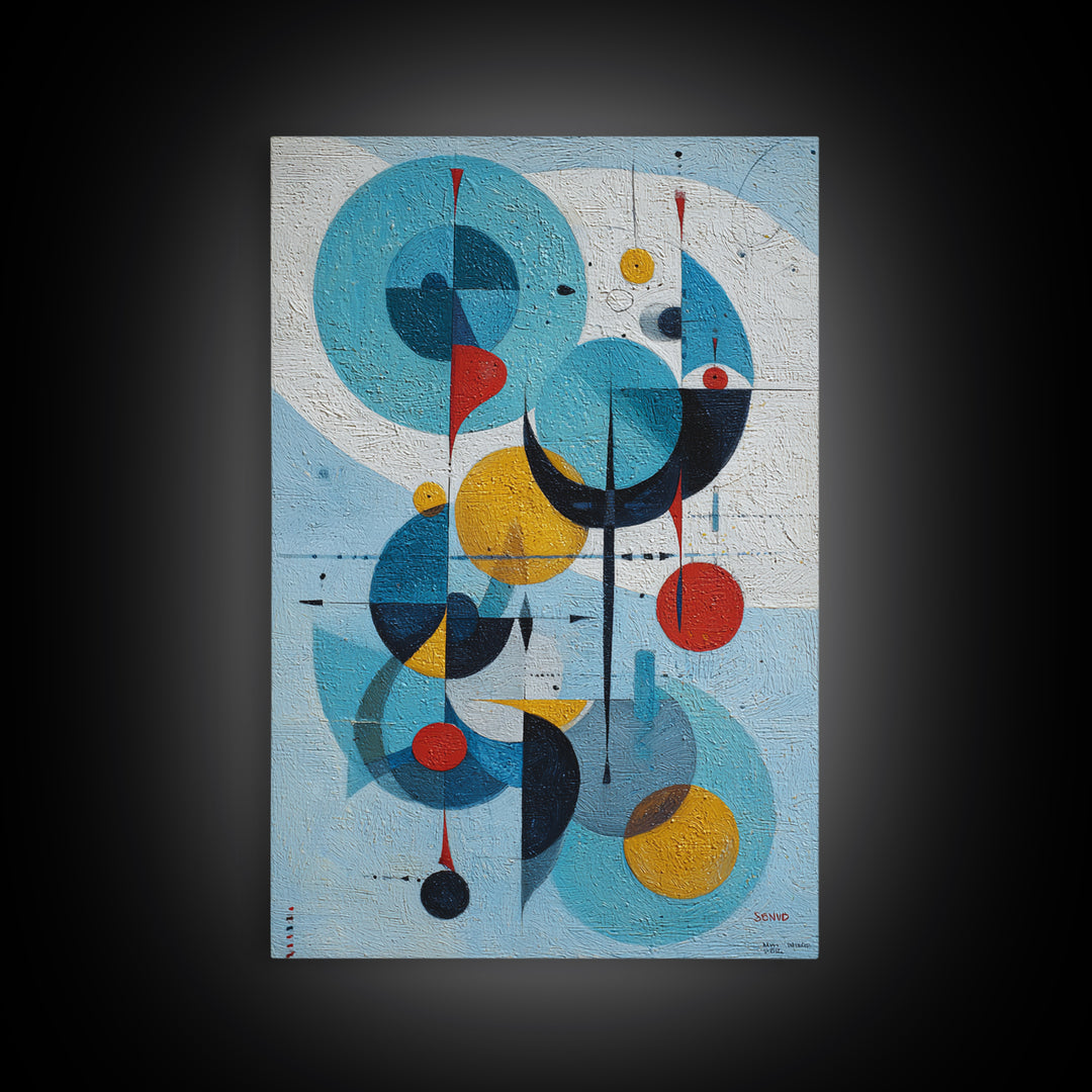 Blue Circle Bauhaus Framed Canvas Print, Midcentury Modern Wall Art, Atomic Geometric Artwork, Red Yellow MCM Decor, Living Room