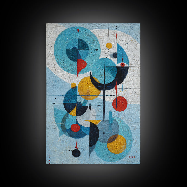 Blue Circle Bauhaus Framed Canvas Print, Midcentury Modern Wall Art, Atomic Geometric Artwork, Red Yellow MCM Decor, Living Room