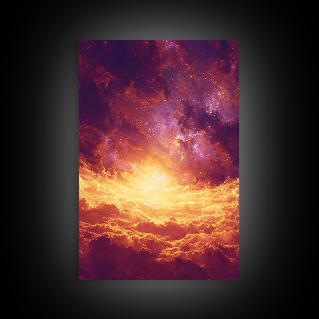 Fiery Celestial Cloudscape Canvas Print, Spiritual Wall Art, Galaxy Sky Poster, Orange Purple Modern Home Decor Gift, Bedroom Art