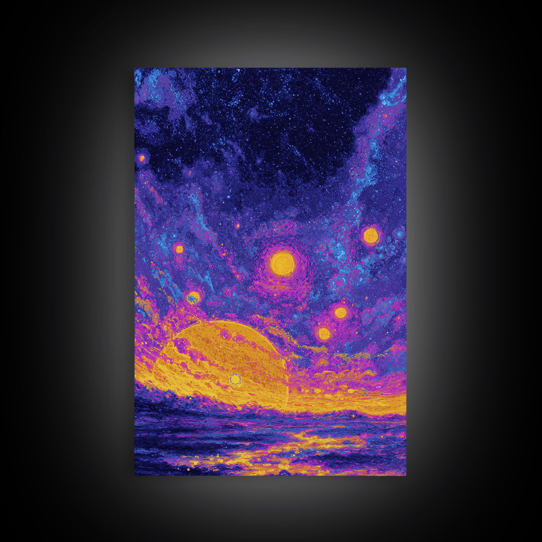 Starry Ocean Sunset Canvas Print, Cosmic Retro Wall Art, Yellow Purple Galaxy Decor, Dreamy Modern Seascape Poster, Living Room
