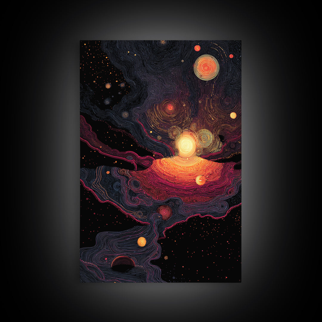 Cosmic Orange Nebula Planets Wall Art, Modern Abstract Art, Retro Sci Fi Decor, Space Poster, Statement Living Room Print