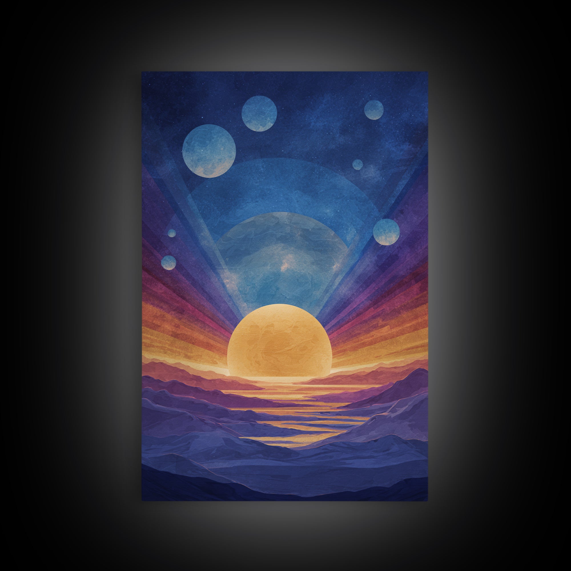Blue Alien Sunrise Landscape Canvas Print, Modern Abstract Art, Retro Space Poster, Scenic Wall Decor, Bedroom Art Prints