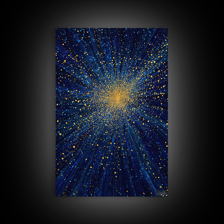 Blue And Gold Starburst Wall Art, Cosmic Particle Explosion, Space Abstract Art, Modern Art Print, Large Living Room Decor