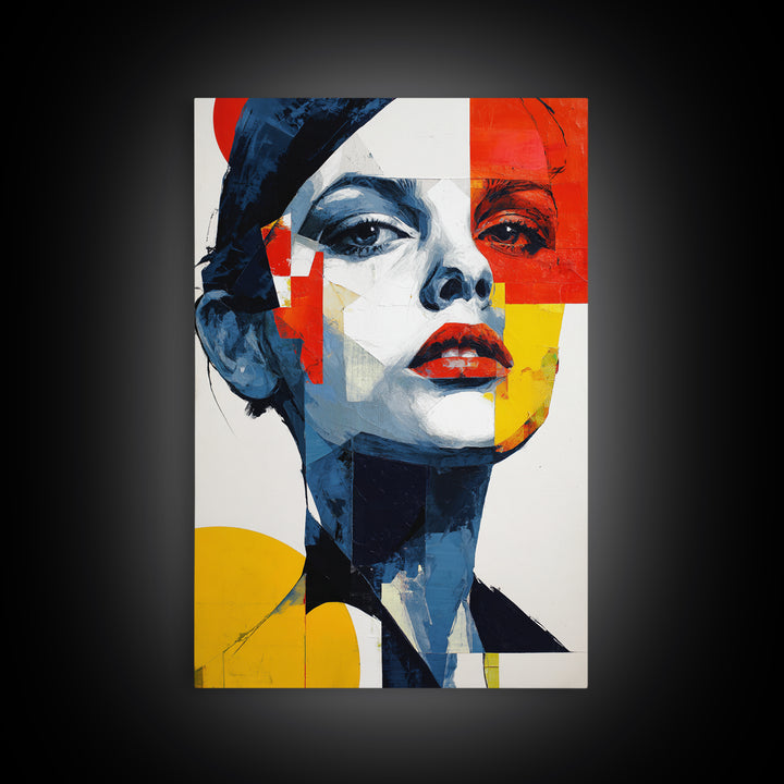 Bold Cubist Woman Portrait Framed Canvas Print, Red Yellow Blue Abstract Wall Art, Pop Art Poster, Modern Decor For Bedroom