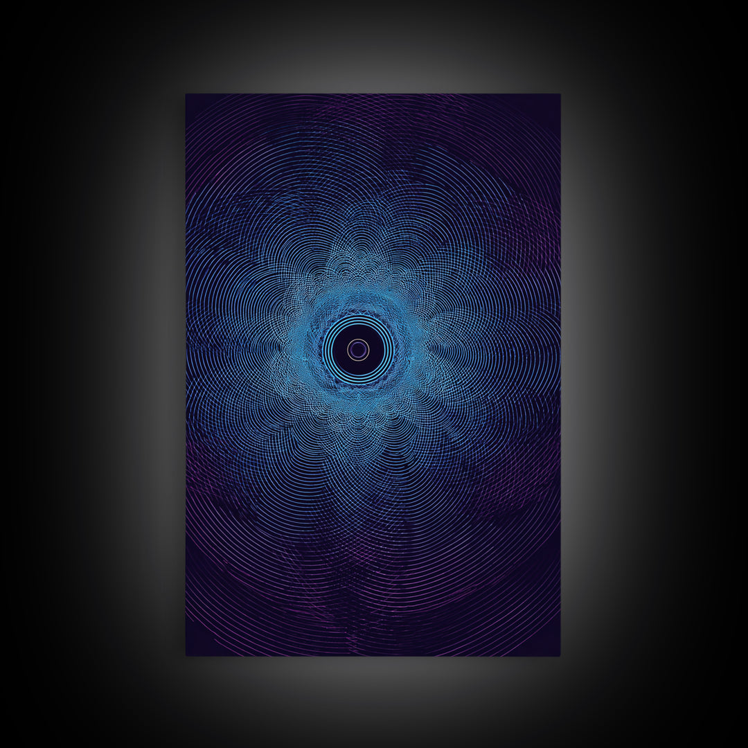 Dark Blue Concentric Vortex Op Art Canvas Print, Modern Abstract Wall Art, Cosmic Retro Poster, Geometric Home Decor Art Print