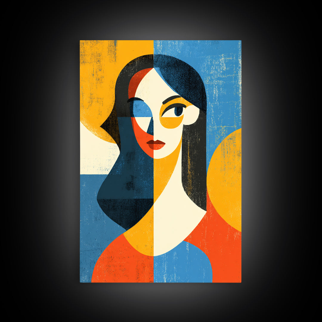 Geometric Midcentury Woman Portrait Canvas Print, Modern Abstract Art, Bauhaus Poster, Orange Blue Decor For Living Room