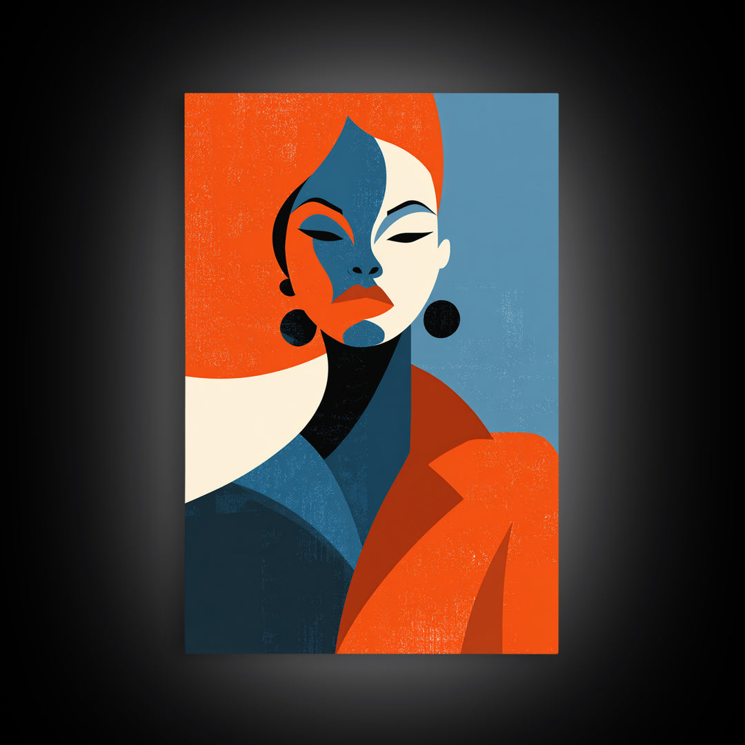 Elegant Orange Blue Woman Portrait Framed Canvas Print, Midcentury Modern Art, Fashion Wall Decor, Bold Retro Poster Gift